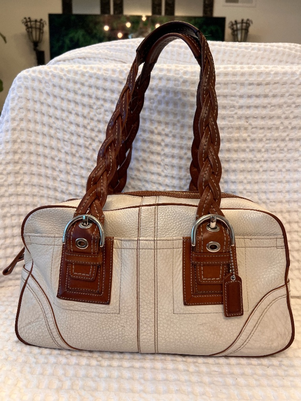 Y2K Coach Soho Mia Satchel Cream Pebbled Leather Braided Handles F11413